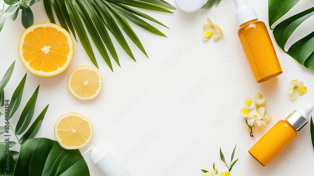 Citrus Fruit and Skincare Products Flat Lay Composition Citrus Fruit and Skincare Products Flat Lay Composition
