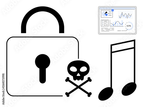 Locked padlock, skull crossbones, music note, and analytics chart highlight themes of copyright, piracy, online threats, and data security. Ideal for technology, cybersecurity intellectual property