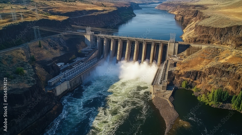 Hydropower Dam Generating Renewable Energy with Cascading Water and Lush Green Surroundings Hydropower Dam Generating Renewable Energy with Cascading Water and Lush Green Surroundings