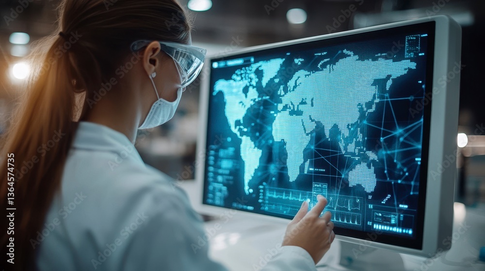 Scientist Analyzing Global Data on a High-Tech Computer Screen Scientist Analyzing Global Data on a High-Tech Computer Screen