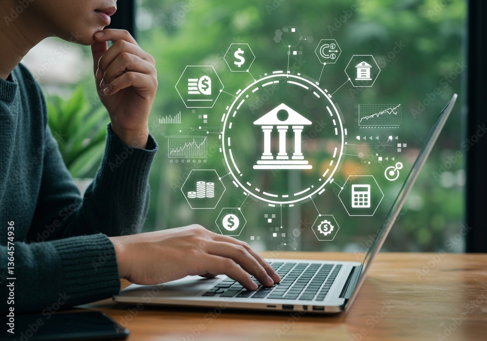 Naklejka premium A person using a laptop with loan and finance icons suggests engagement in online financial activities or loan applications