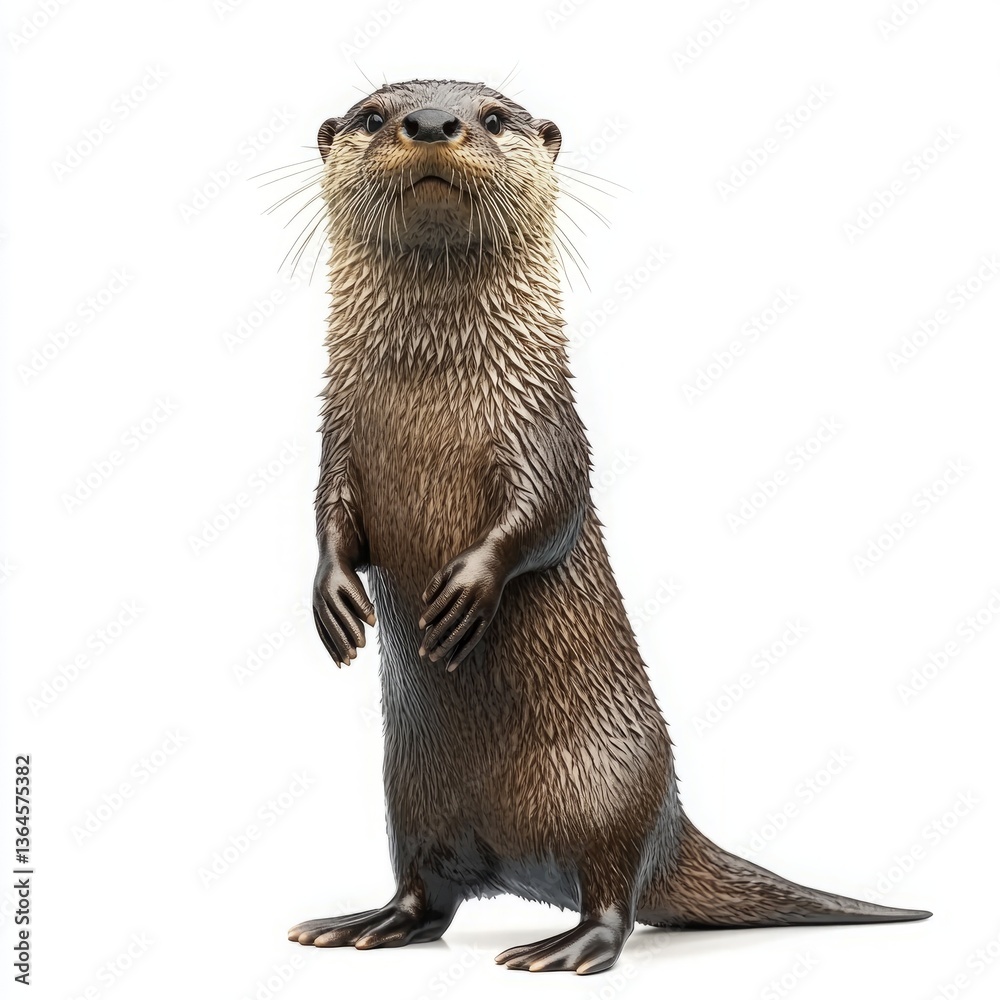 Fototapeta premium Standing Otter with Sleek Brown Fur and Lighter Facial Markings Captured on a White Background