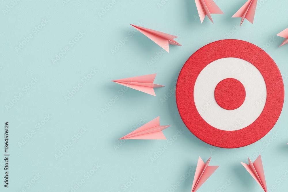 Red and White Target Surrounded by Origami Paper Airplanes on Light Blue Backdrop Concept of Goals and Strategy Red and White Target Surrounded by Origami Paper Airplanes on Light Blue Backdrop Concept of Goals and Strategy