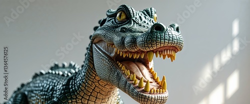A tight shot of a phony alligator's toothy maw