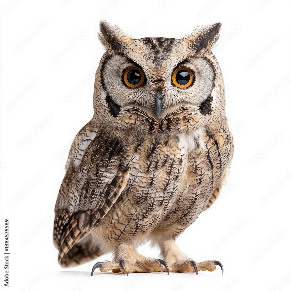 Naklejka premium Majestic Owl with Intricate Brown and White Feather Patterns and Prominent Orange Eyes on a White Background