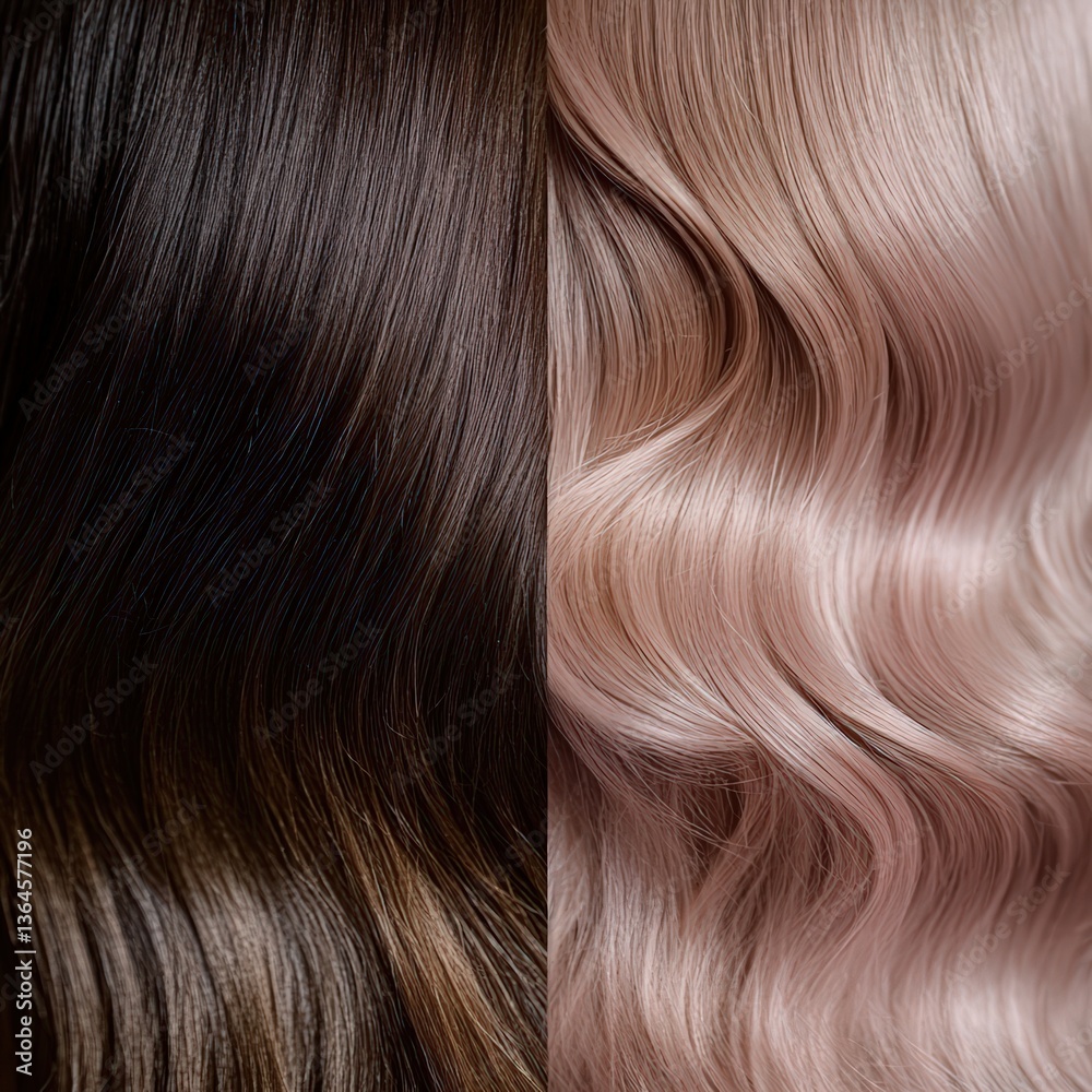 Fototapeta premium Comparison of smooth dark brown and wavy light blonde hair showcasing different textures and styles in a beauty context