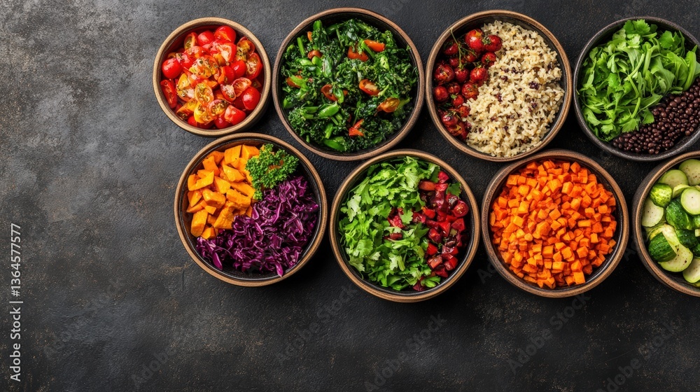 Overhead shot of nine colorful small bowls filled with healthy roasted vegetables, quinoa, lentils, fresh greens arranged on a dark surface background Overhead shot of nine colorful small bowls filled with healthy roasted vegetables, quinoa, lentils, fresh greens arranged on a dark surface background