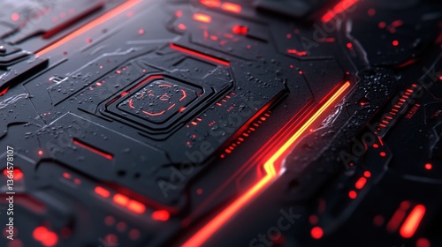 Abstract Futuristic Technology Background: Red Neon Lights on Dark Circuit Board