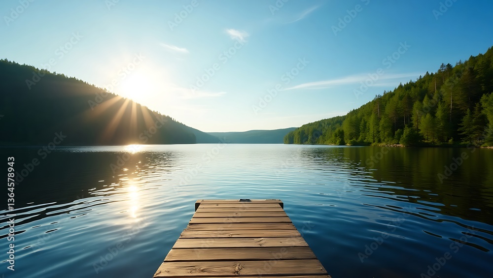 Obraz premium Serene sunset lake wooden dock calm water peaceful