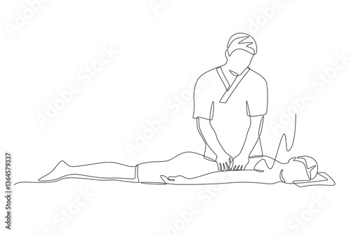 Woman having back massage. Getting a massage or facial concept one-line drawing