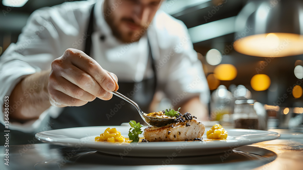 Chef Carefully Plating a Gourmet Dish with Precision in a Modern Culinary Setting Chef Carefully Plating a Gourmet Dish with Precision in a Modern Culinary Setting