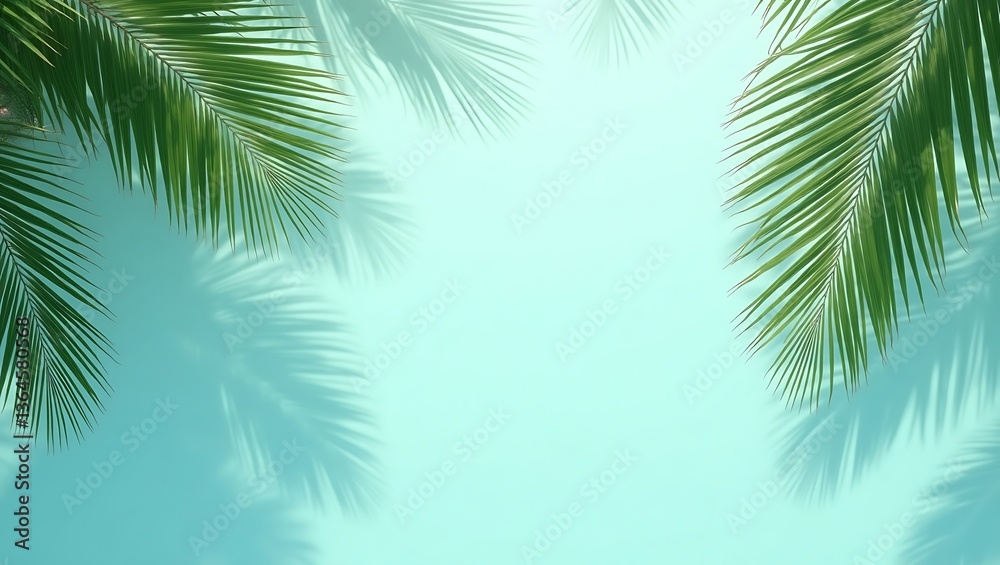 Fototapeta premium Palm leaves cast shadows on teal summer vibes
