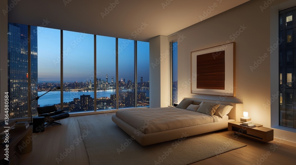Fototapeta premium A modern bedroom with a large window offering a stunning city view at dusk, featuring minimalistic decor and soft lighting.