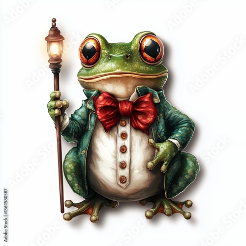 Charming Green Frog in Jacket and Bow Tie Holding a Lantern photo