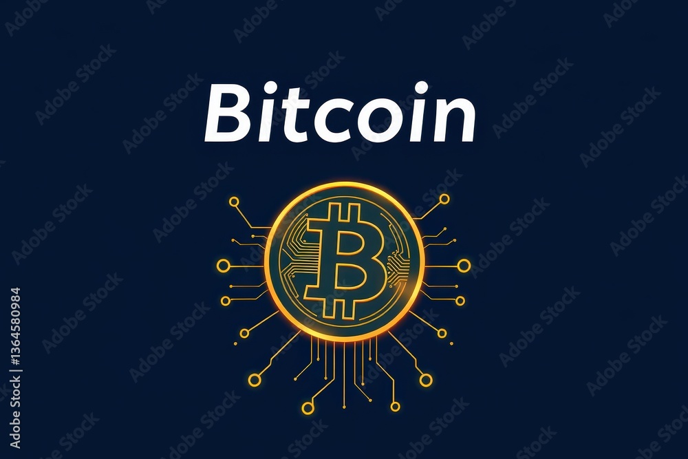 Naklejka premium Bitcoin digital network concept with golden cryptocurrency symbol and connected circuit lines on dark background