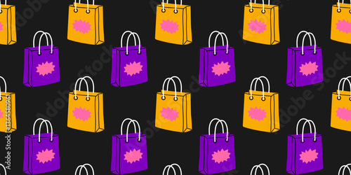 Colorful shopping bags pattern on black background showcasing vibrant designs ideal for retail and fashion themes