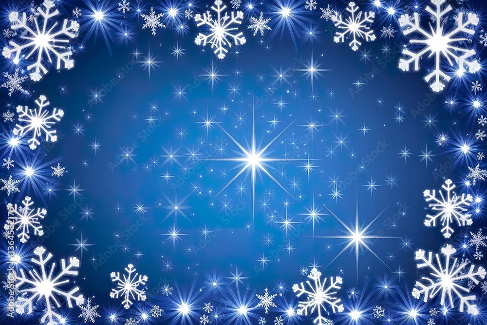 Fototapeta premium A night sky with a vibrant blue background adorned with radiant white stars and intricate snowflakes