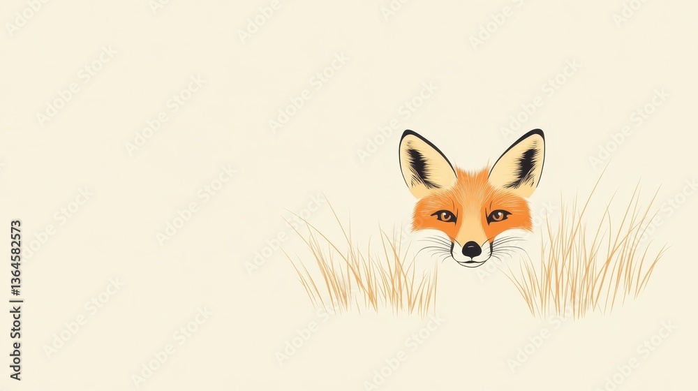 Obraz premium Red Fox Peeking with Grass, Wildlife, and Nature Illustration.