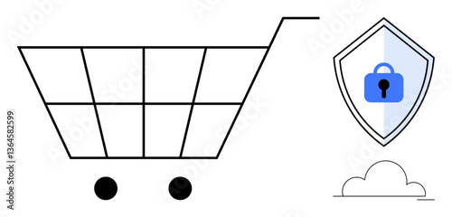 Shopping cart with black lines and two wheels, shield with blue lock, white cloud. Ideal for online shopping, e-commerce, security, privacy, cloud storage digital transactions technology. Abstract