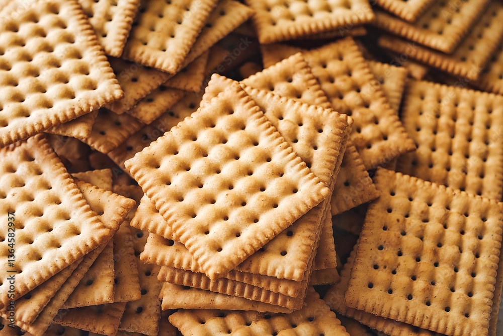 A photo of a pile of golden-brown square-shaped crackers A photo of a pile of golden-brown square-shaped crackers
