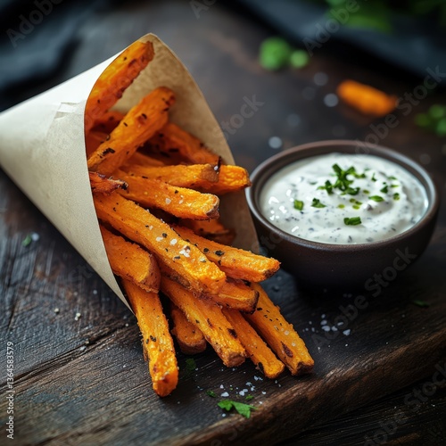 Delicious sweet potato fries served with a creamy dipping sauce on a rustic wooden table