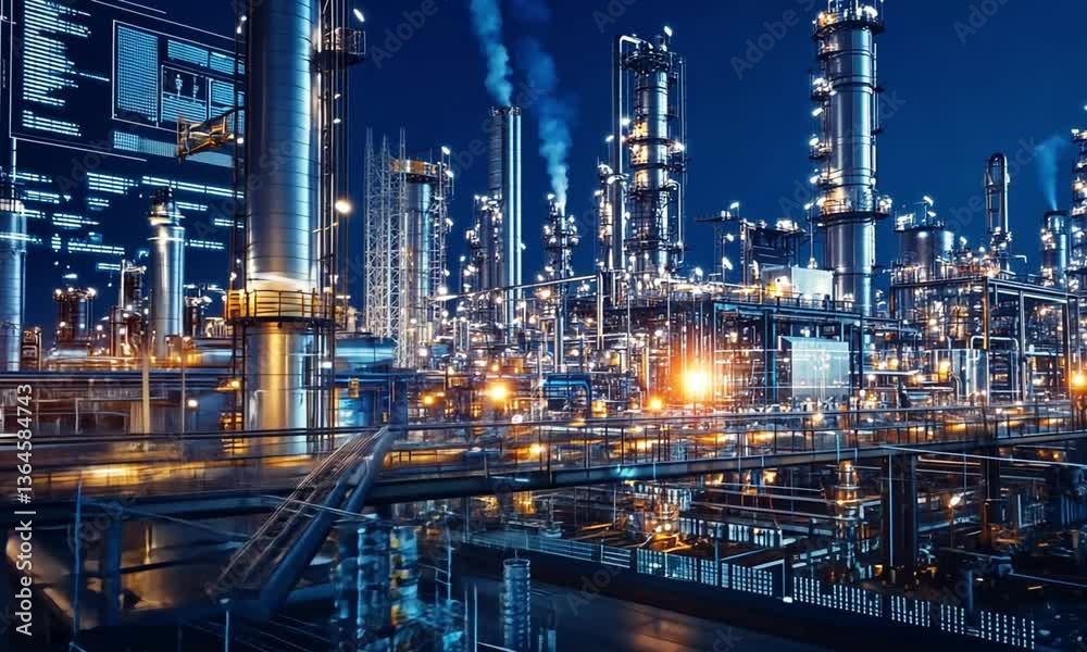 A city skyline with a large industrial plant in the background A city skyline with a large industrial plant in the background