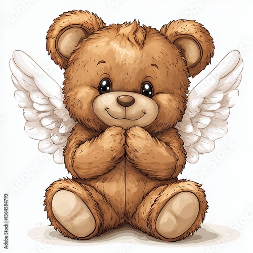 Adorable Brown Teddy Bear with White Angel Wings on White Background