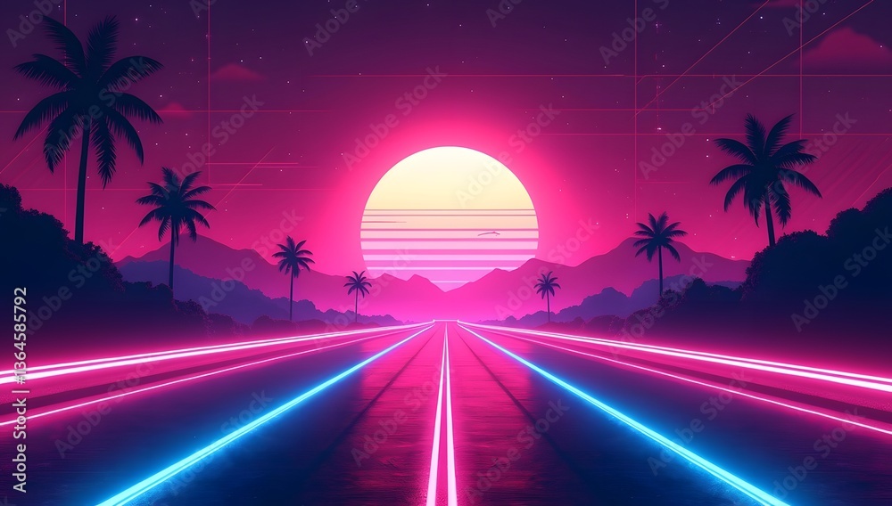 Fototapeta premium A retro-futuristic digital sunset with a centered glowing sun, neon lights, stylized landscapes, and nostalgic 80s color tones. Timeless, dreamy, and vibrant. AI-Generated.