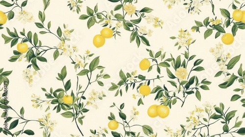 Floral lemon pattern, branches, blossoms
