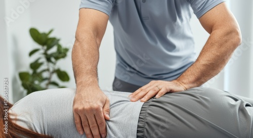 Chiropractor adjusts caucasian female adult's spine in clinic setting
