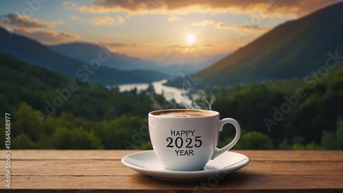 A steaming cup of coffee with 'Happy 2025 Year' inscription, set against a stunning mountain sunrise.