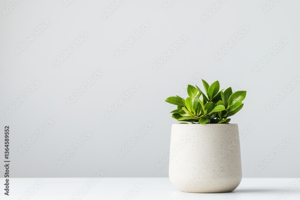 Fototapeta premium Grüne Zimmerpflanze in modernem Blumentopf vor weißem Hintergrund