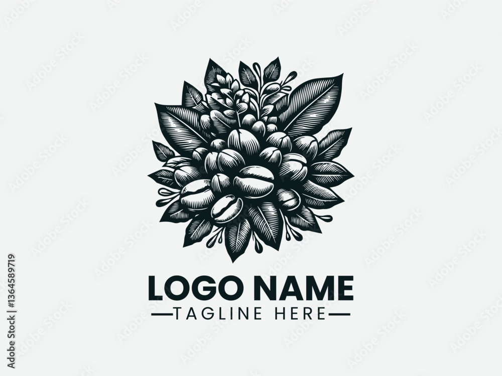 Obraz premium Detailed Coffee Bean Leaf Botanical Illustration Logo Design, Botanical Coffee Bean Leaf Logo