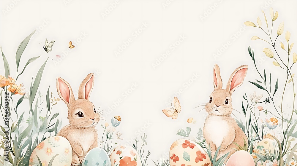 Fototapeta premium Easter Bunnies Spring Flowers Eggs. (5)