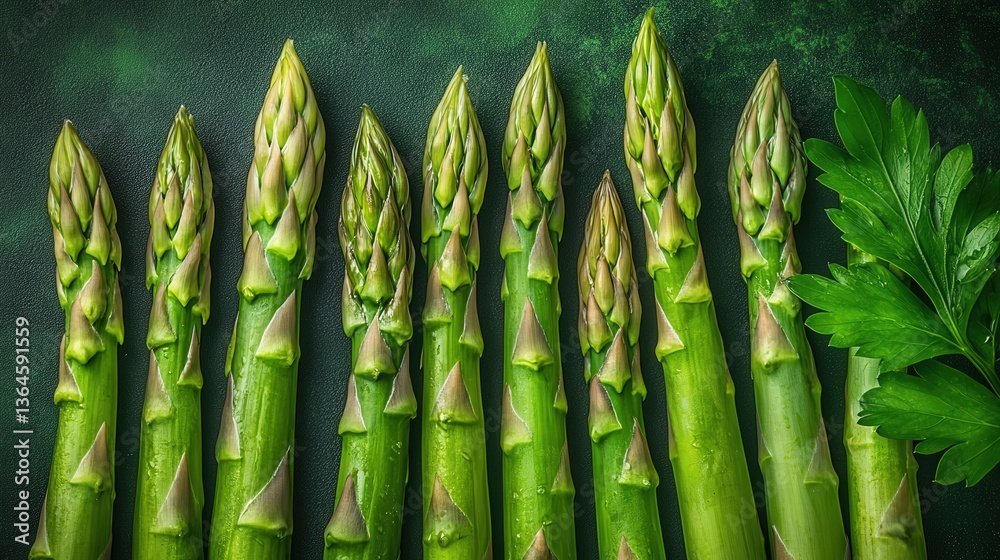 Fototapeta premium Fresh asparagus spears laid out alongside leafy greens on a dark green background.