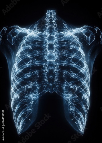 Abstract digital artwork resembling a human ribcage in bright blue against a black background.