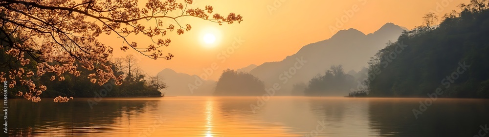 Fototapeta premium Beautiful golden sunrise illuminates a calm lake and mountain landscape