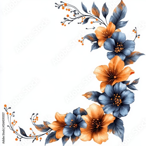 Fototapeta Naklejka Na Ścianę i Meble -  Elegant Floral Corner Design Blue and Orange Watercolor Flowers