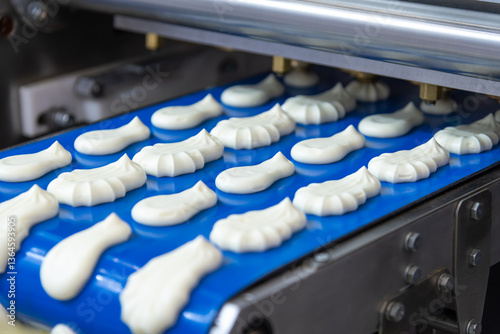 A blue conveyor belt transports neatly shaped confectionery products in a manufacturing facility.