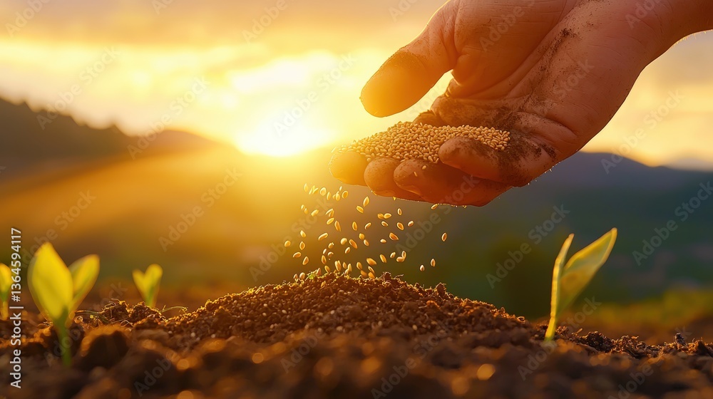 Fototapeta premium A hand releases seeds into the soil at sunset, symbolizing growth and agriculture, with emerging green seedlings in the foreground, Green Technology.