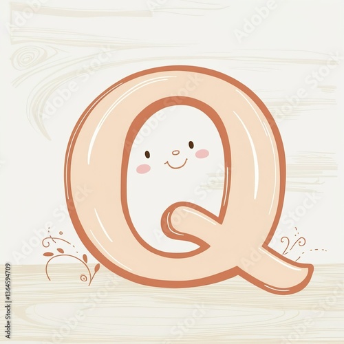 A whimsical hand-drawn clip artwork of an smiling face of a big letter Q on a crisp white background, created in a vector style with bold lines, soft curves, and delicate textures. Pastel creamy card	