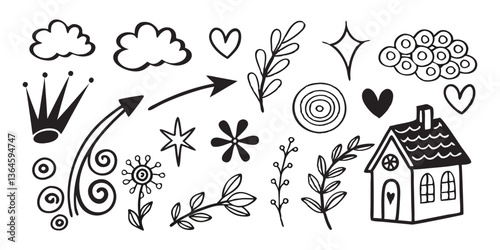 set of crayon hand-drawn childish punk style doodle icons: arrows, swirls, spirals, hearts, mermaid scales, clouds shape