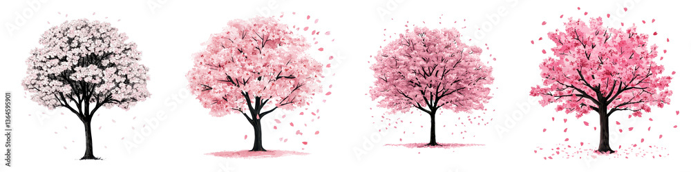 Obraz premium A collection of cherry blossom trees in different stages of bloom from delicate white buds to vibrant pink flowers capturing the beauty and tranquility of the spring season