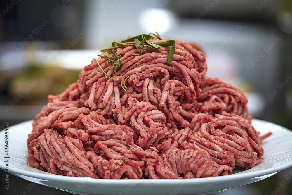 A photo of a pile of freshly ground pork meat on a white plate A photo of a pile of freshly ground pork meat on a white plate