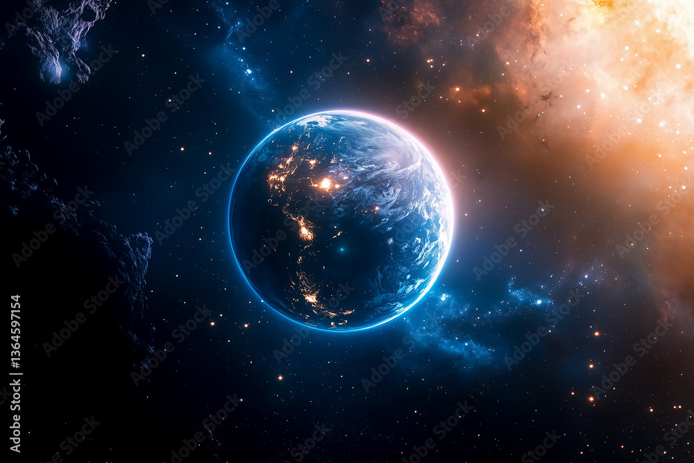 Obraz premium A digital image of a planet in a colorful nebula, capturing a cosmic and abstract feel. Perfect for space and science visuals.