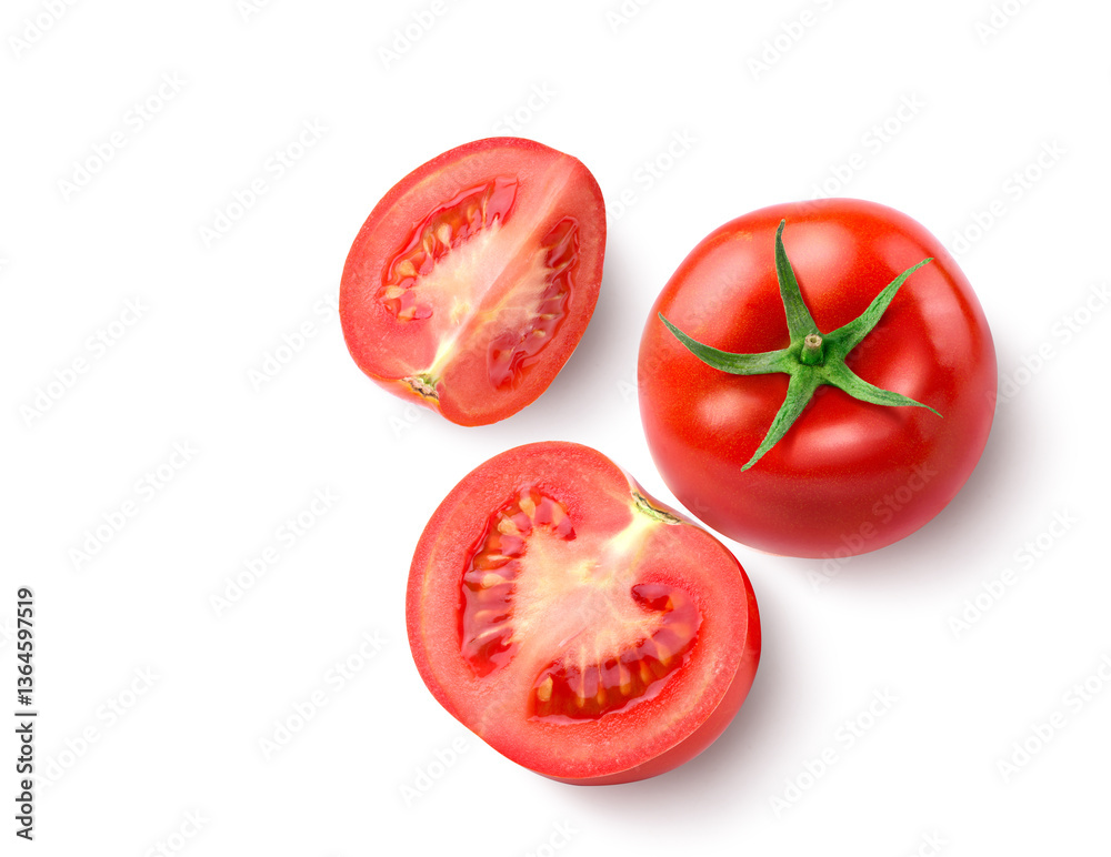 Top view of tomato with cut in half and slice isolated on white background. Top view of tomato with cut in half and slice isolated on white background.