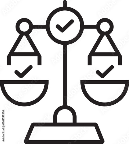This features simple black and white icon of balanced scale with check marks, symbolizing fairness and justice. design is minimalistic and clear.Balanced scale icon with check marks symbolizes