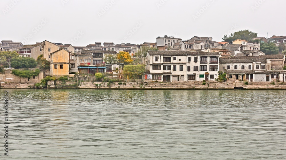 Fototapeta premium Riverfront Chinese village, misty day, tranquil scene, travel tourism