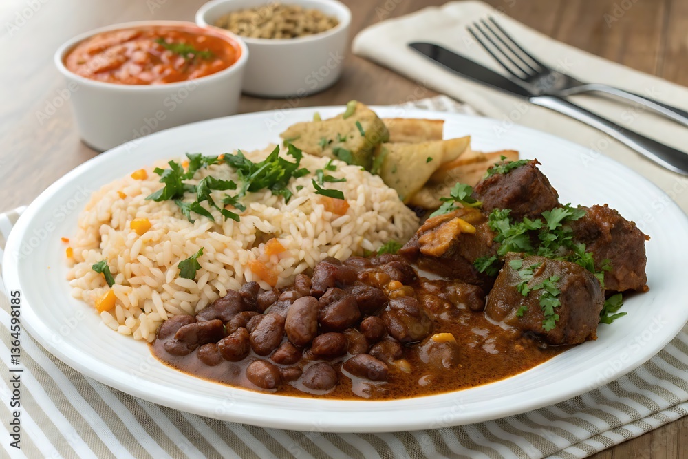 Rice with beans and stewed beef, a traditional and flavorful dish of rice paired with beans and tender stewed beef in sauce. Arroz con habichuelas y carne guisada, un plato tradicional y sabroso Rice with beans and stewed beef, a traditional and flavorful dish of rice paired with beans and tender stewed beef in sauce. Arroz con habichuelas y carne guisada, un plato tradicional y sabroso