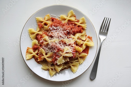 A photo of a plate of farfalle pasta with tomato sauce and parmesan cheese